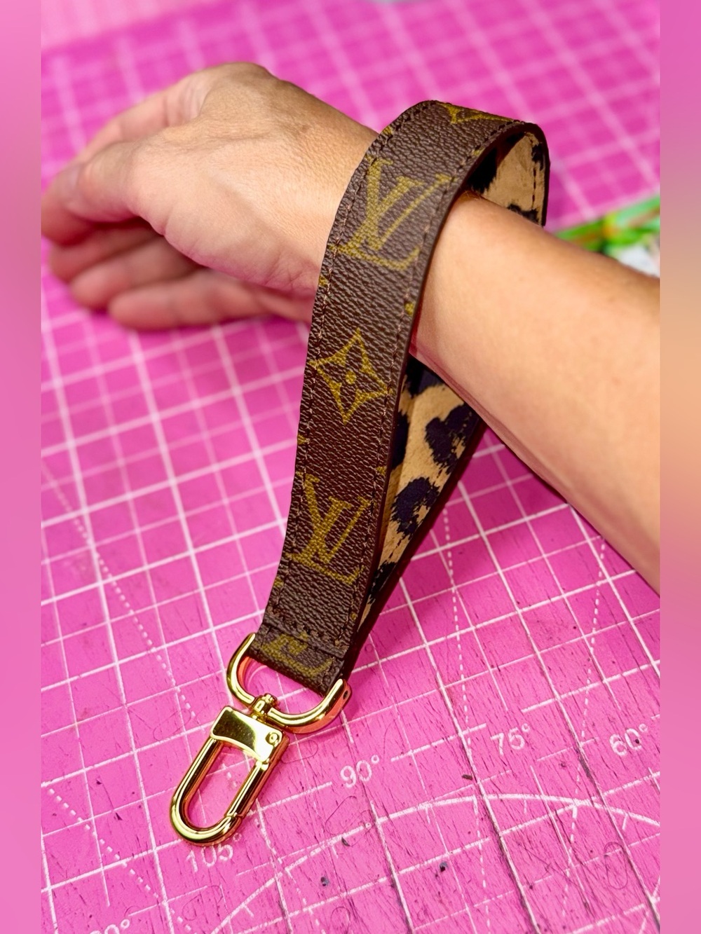 💗 Monogram Cheetah Leather Keychain Wristlet strap Custom Handmade